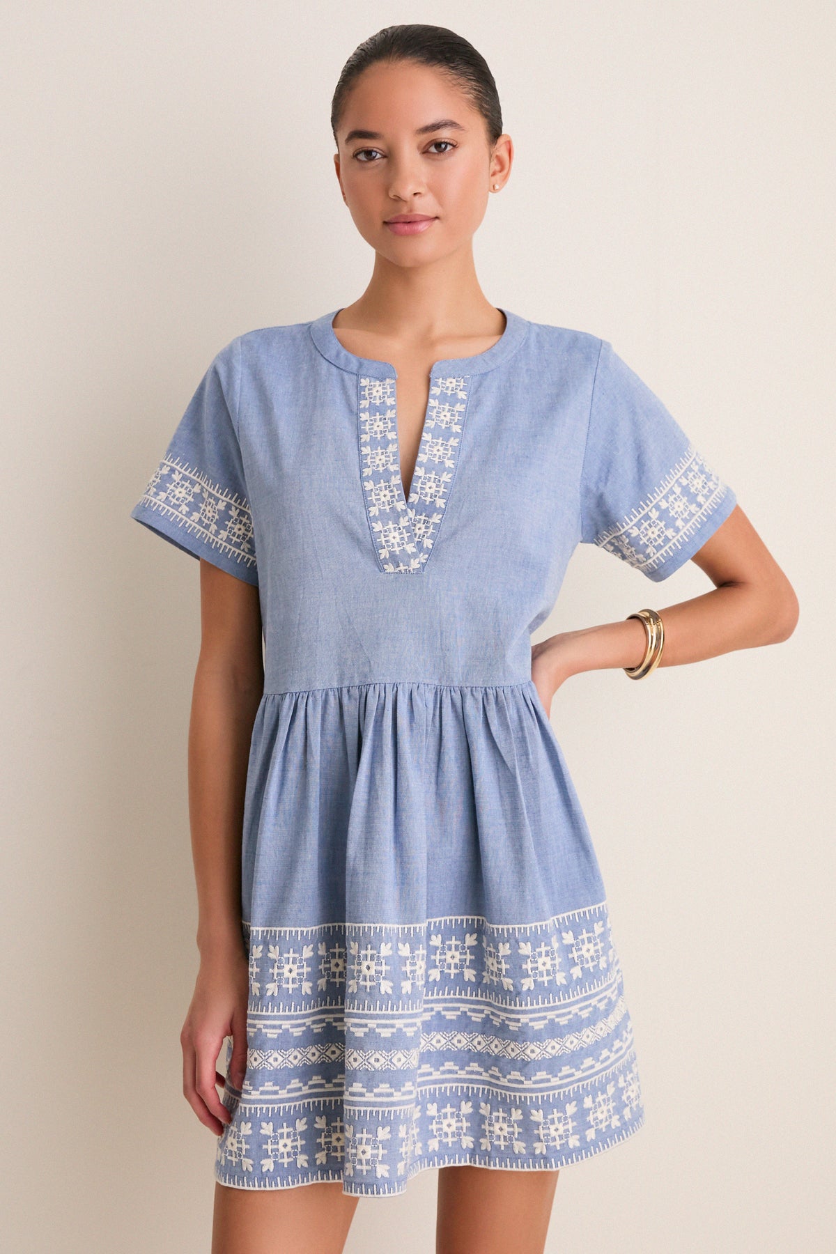Chambray Embroidered Naples Mini Dress