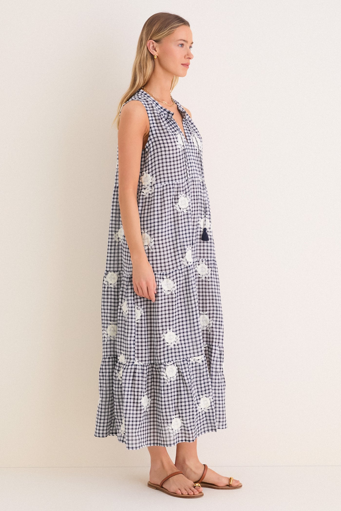 Sapphire Gingham Embroidered Sleeveless Salty Paloma Caftan