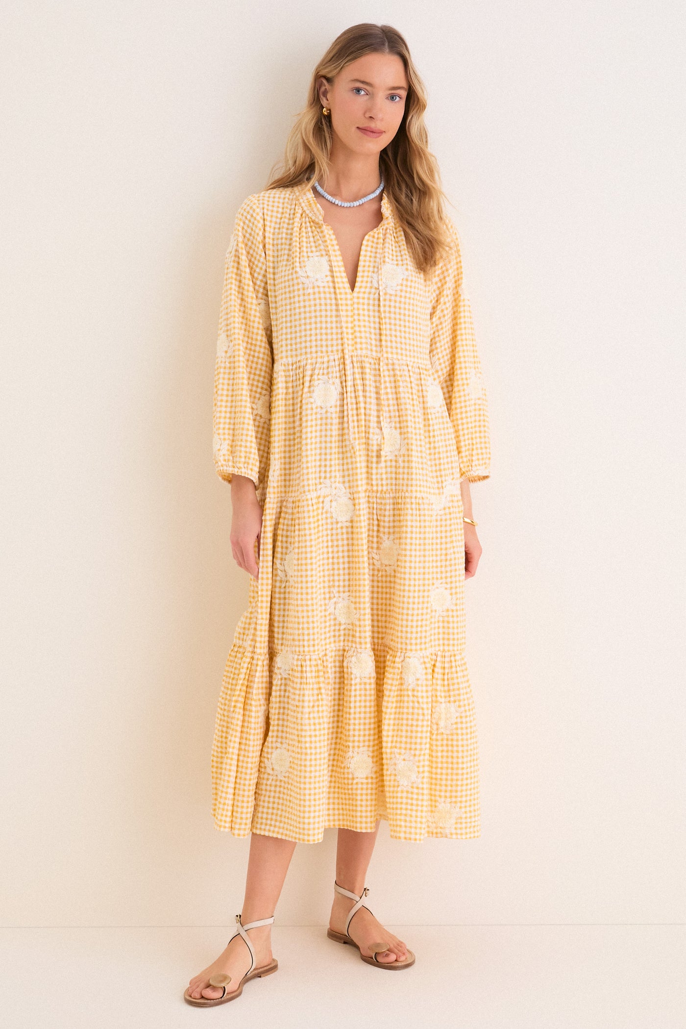 Honey Gingham Embroidered Long Sleeve Salty Paloma Caftan