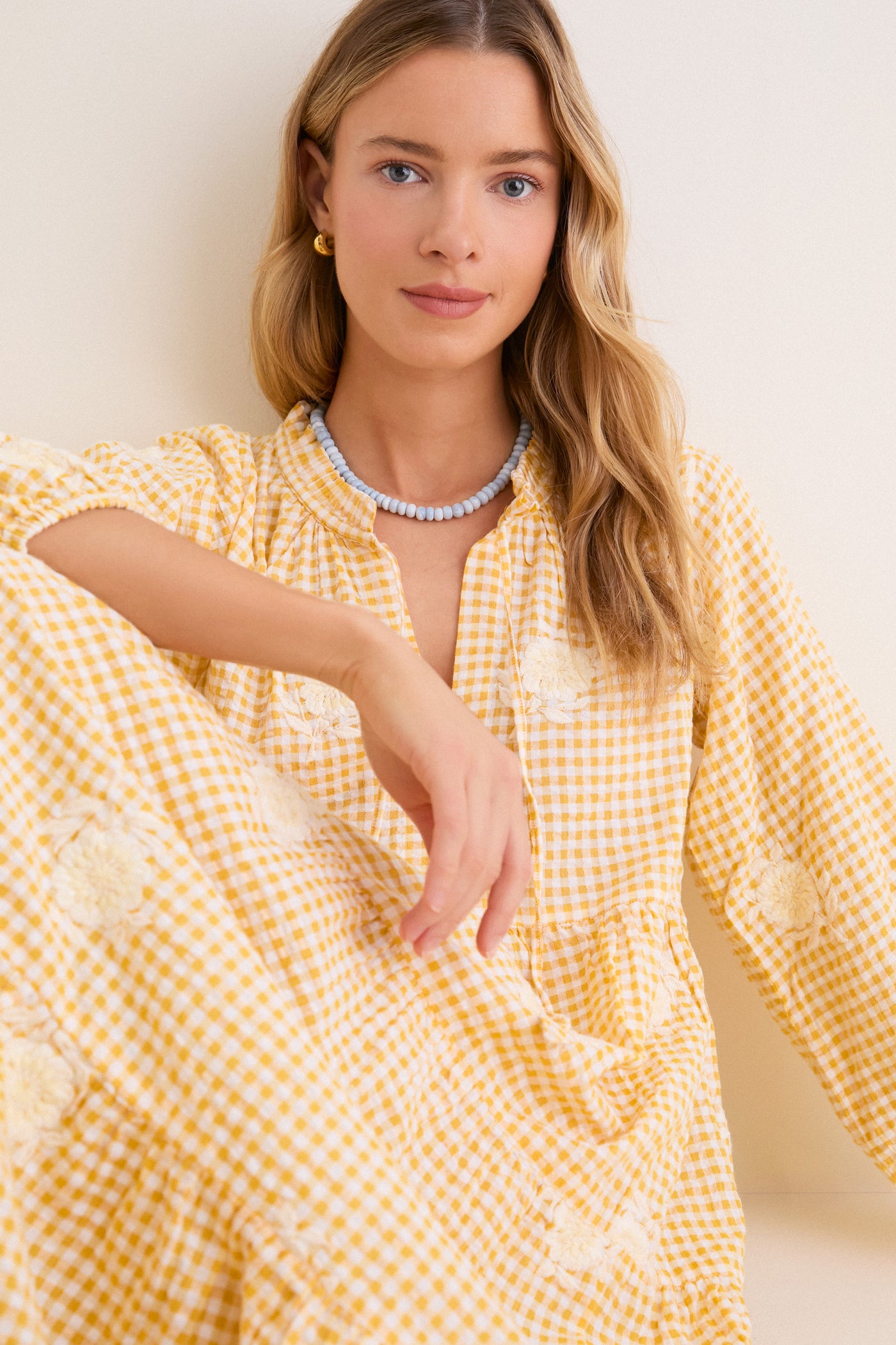 Honey Gingham Embroidered Long Sleeve Salty Paloma Caftan