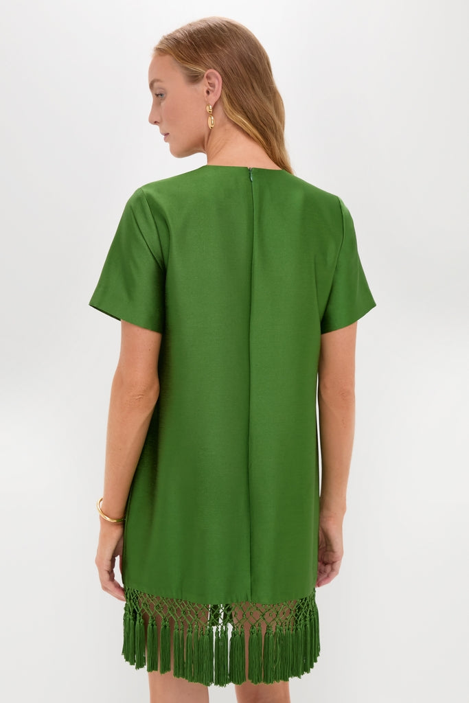 Green Tassel Downing Dress with classic shift silhouette, effortless fringe hem, and back zip. High-end style suitable for fun, festive occasions.