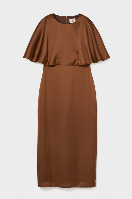 Chocolate Brown Cape Leah Dress: A classic, high-end sheath dress with a satin-like finish, featuring a loose cape overlay and concealed back zipper for an effortless, fun style.