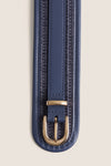 Navy Raffia Waist Belt with classic woven detailing, leather trim, and high-end gold-tone buckle, effortlessly cinches waists for a fun, flattering look.