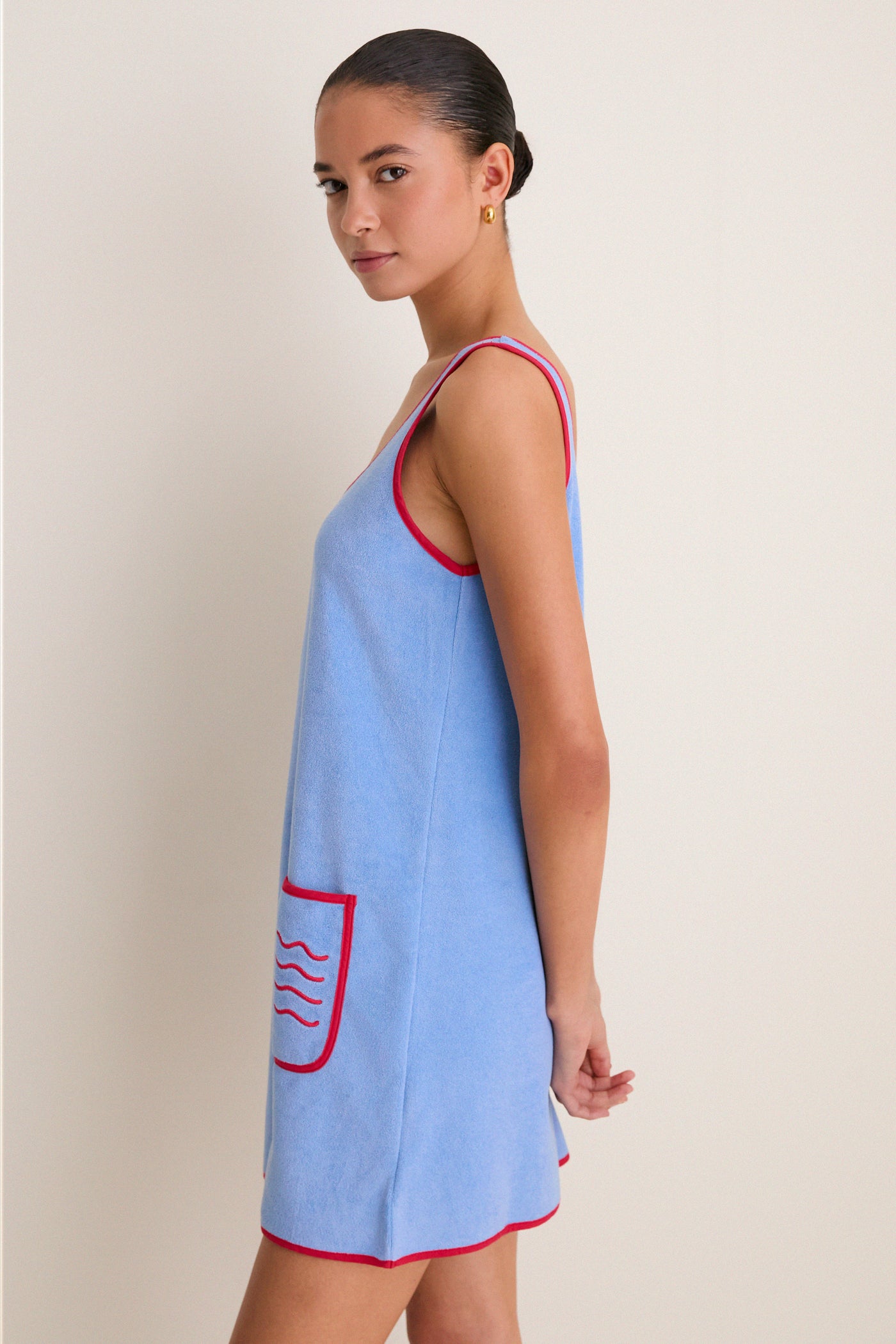 powder blue and red dress V-Neck Sleeveless Ribbed Jumper Dress in Navy