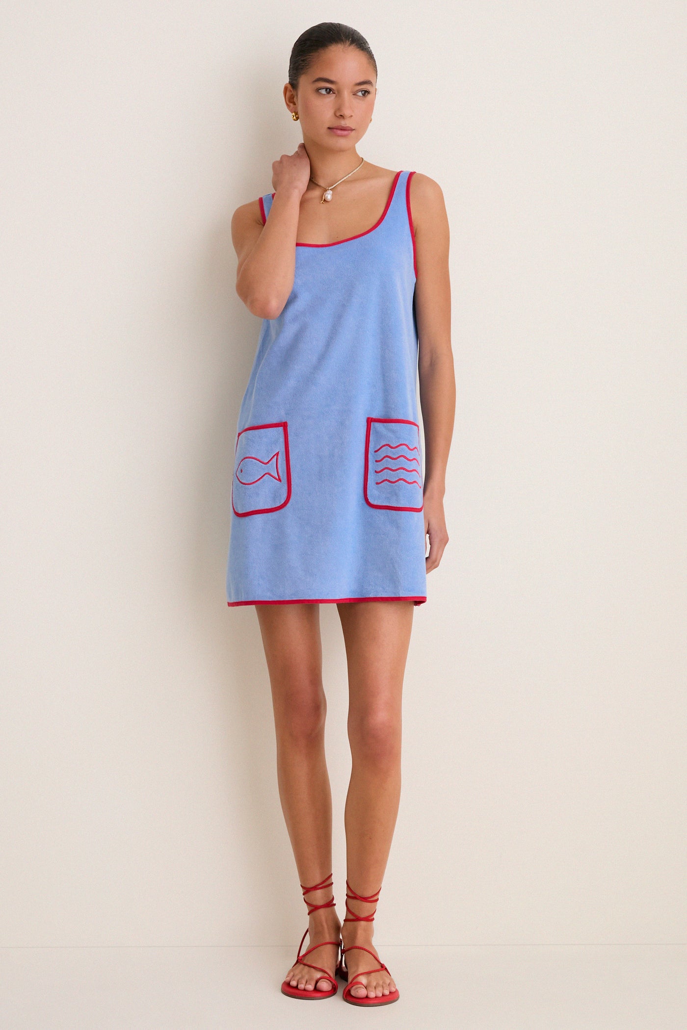 Powder Blue and Poppy Embroidered Mini Terrycloth Coverup
