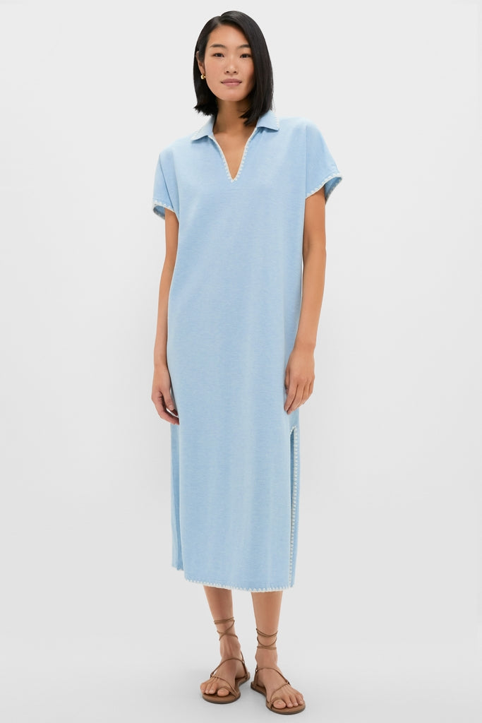 Heather Chambray Pique Melissa Maxi Dress on model, showcasing its classic V-neck, side slit, and whipstitch detailing. Effortless style paired with fun, high-end comfort.
