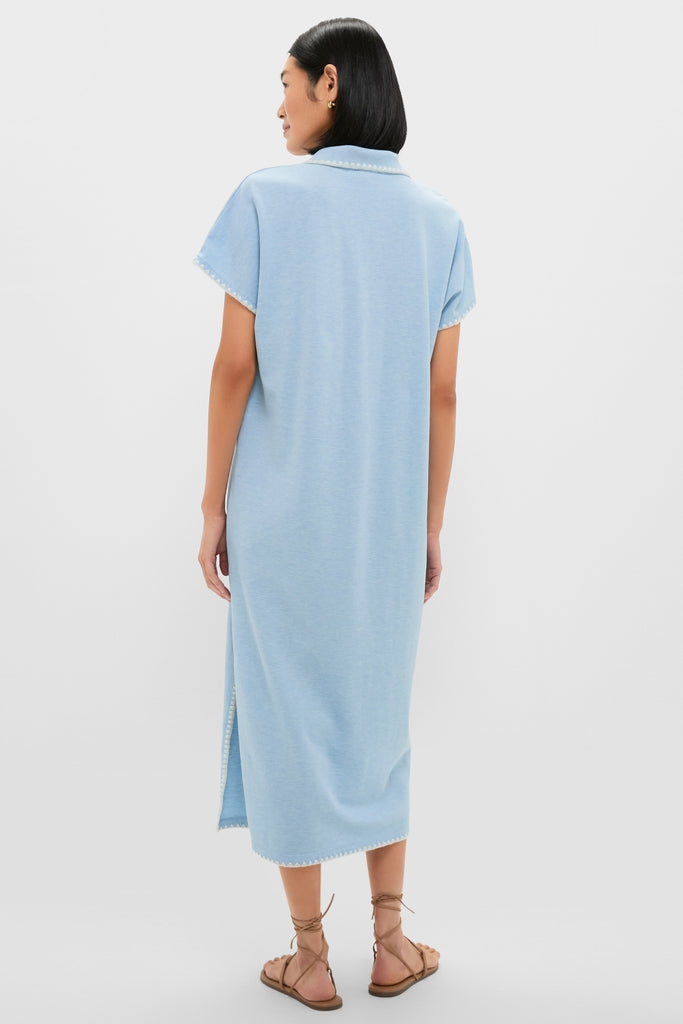Heather Chambray Pique Melissa Maxi Dress showcases a classic, effortless style with a collared V-neckline and side slit. Perfect for fun, high-end casual outings.