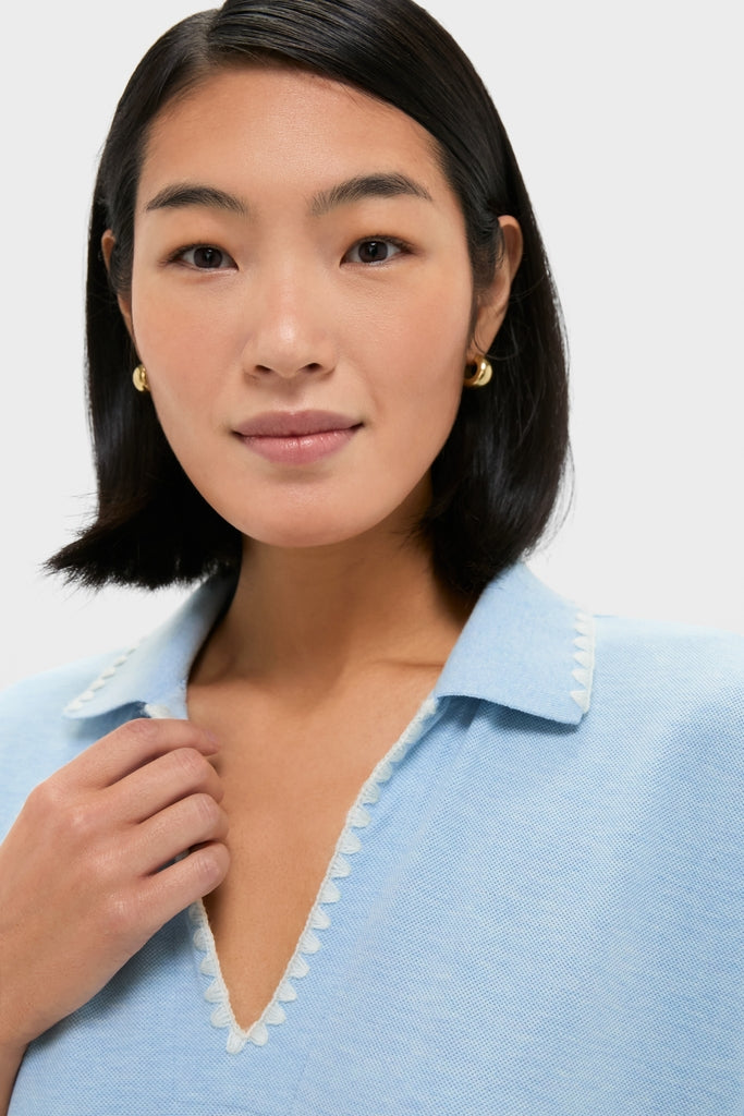 Heather Chambray Pique Melissa Maxi Dress with classic gold hoop earrings and light-blue pique-knit top, showcasing effortless style and high-end details like a V-neckline.