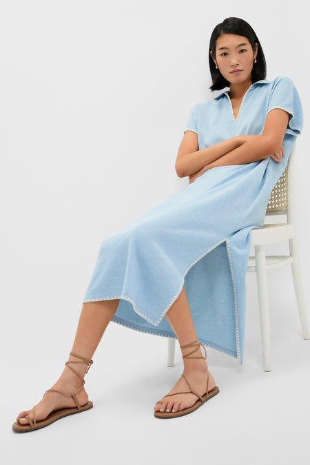 Heather Chambray Pique Melissa Maxi Dress, a classic, effortless polo-style dress with whipstitch details and side slits, paired with fun tan sandals for a high-end look.