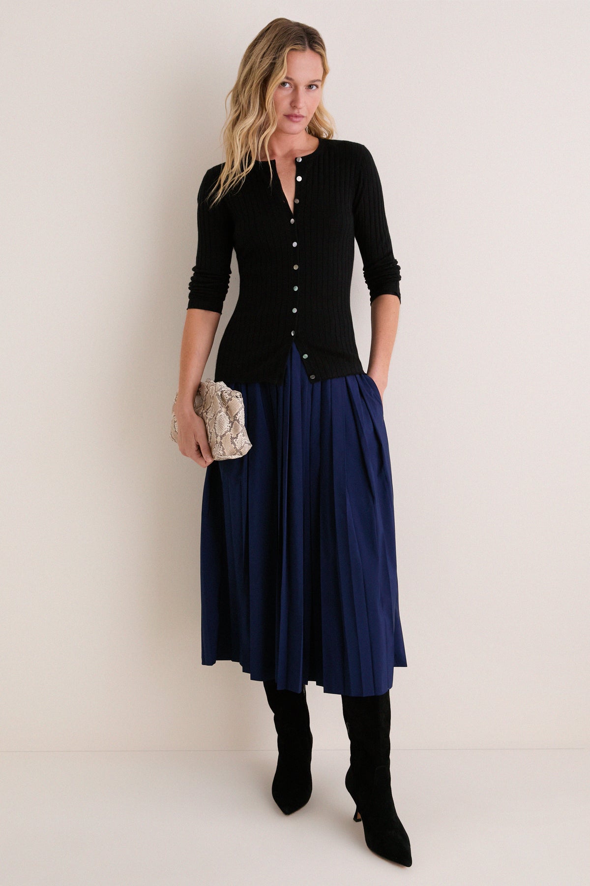 Navy Pleated Dixon Midi Skirt