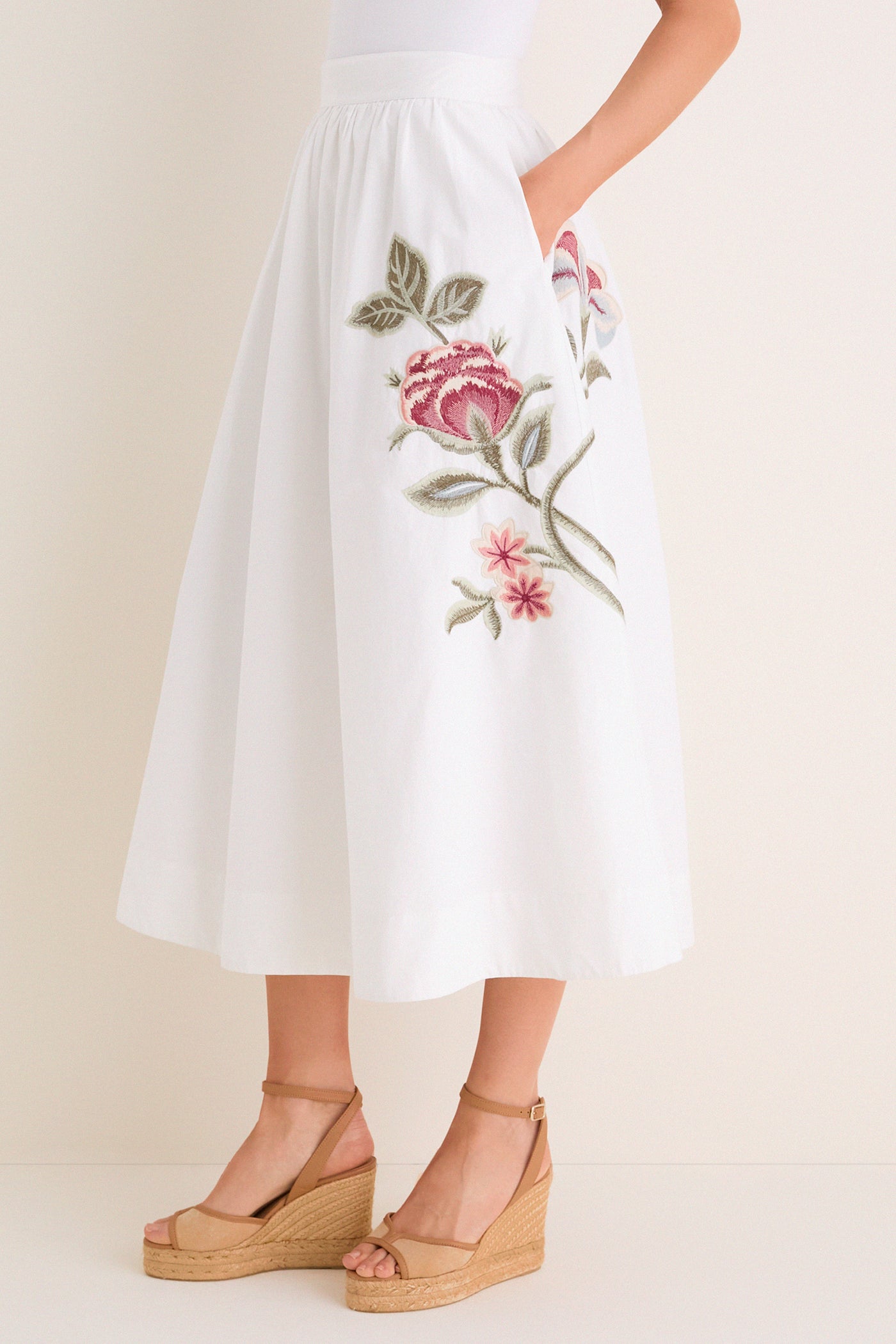 Tuckernuck White Floral Embroidered Mirella Midi Skirt White / 10