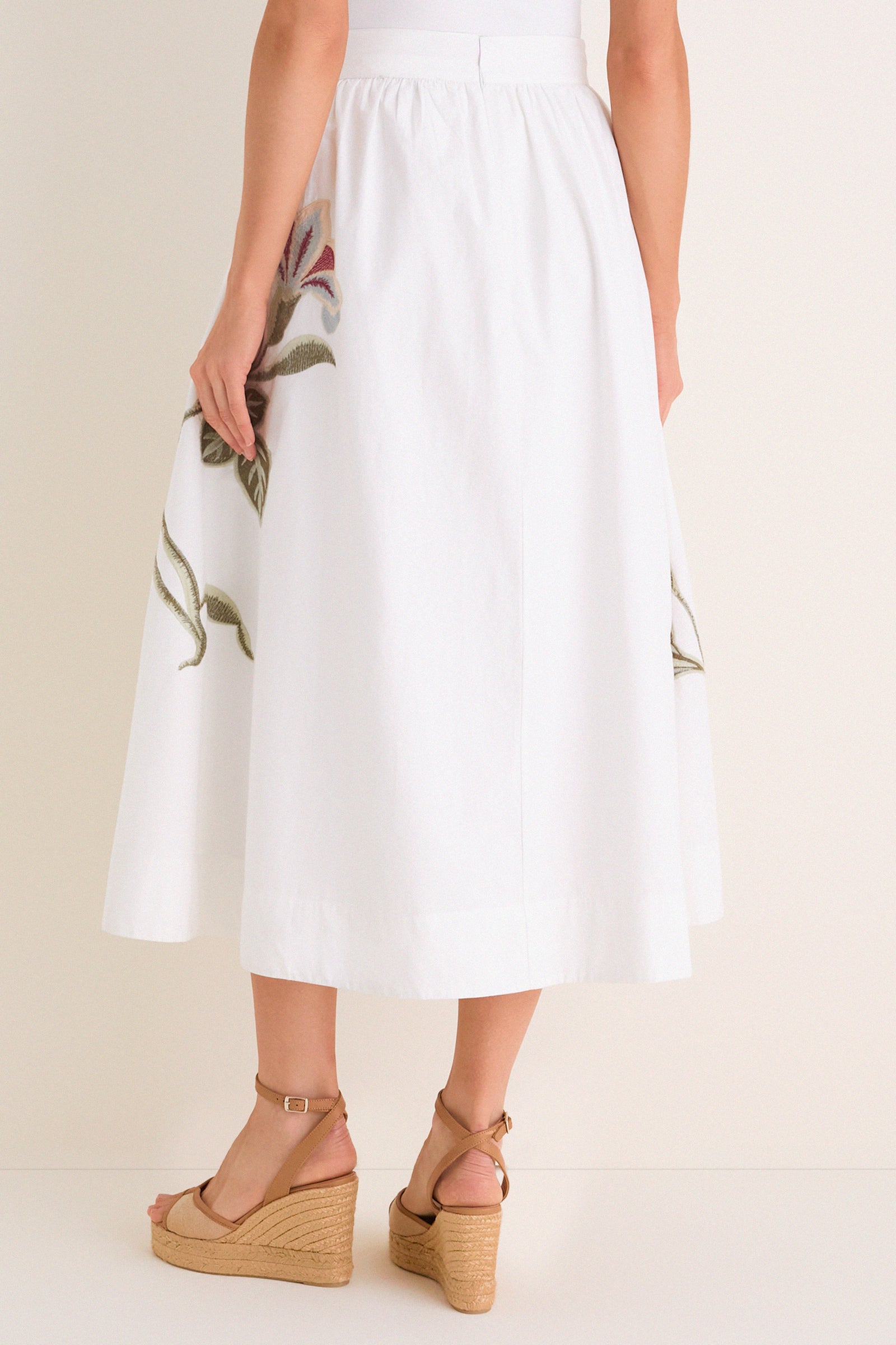 White Floral Embroidered Mirella Midi Skirt