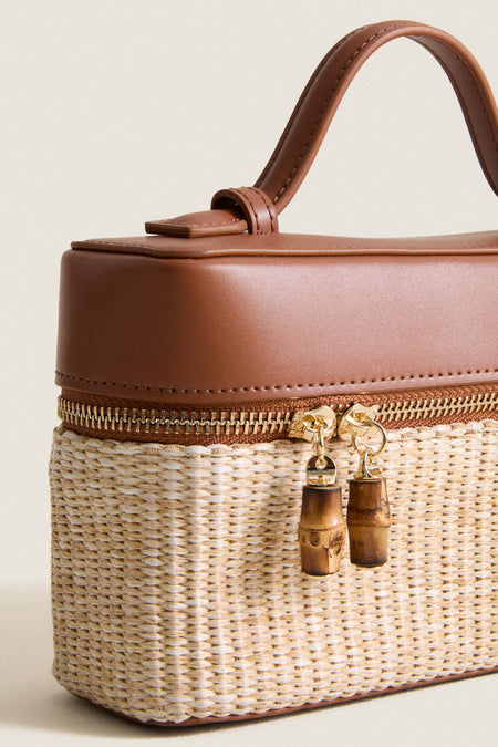Cognac and Raffia Box Bag
