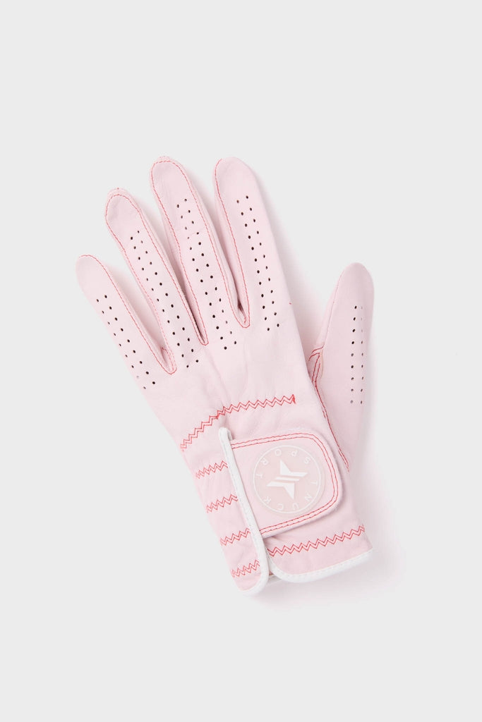 Pink Left Hand Golf Glove with classic zig-zag stitching, perforated fingers for effortless breathability, and a fun, high-end Velcro strap for easy adjustment.