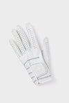 White Left Hand Golf Glove with classic ventilation perforations, zig-zag stitching, and an effortless hook-and-loop closure. A fun, high-end accessory for confident golfers.