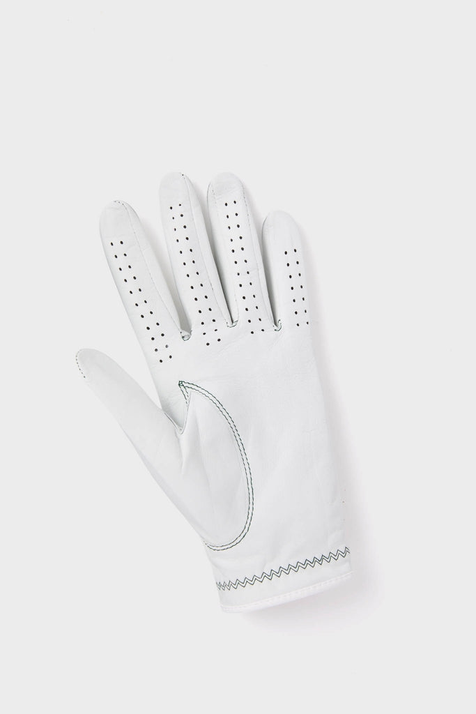 White Left Hand Golf Glove with classic perforations and zig-zag stitching, offering an effortless, high-end feel for a fun golfing experience.
