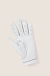 White Left Hand Golf Glove featuring classic leather design, effortless ventilation perforations, and fun zig-zag wrist stitching, embodying high-end comfort and flexibility for an exciting golf experience.