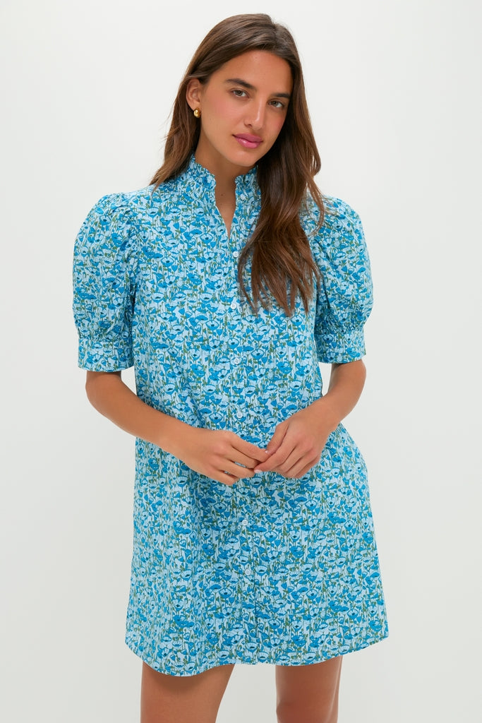 Hyacinth House Blue Poppies Floral Ruffle Collar Louisa Mini Dress Blue Poppies Floral / M