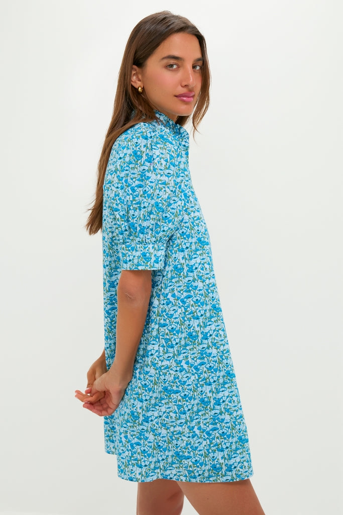 Blue Poppies Floral Ruffle Collar Louisa Mini Dress