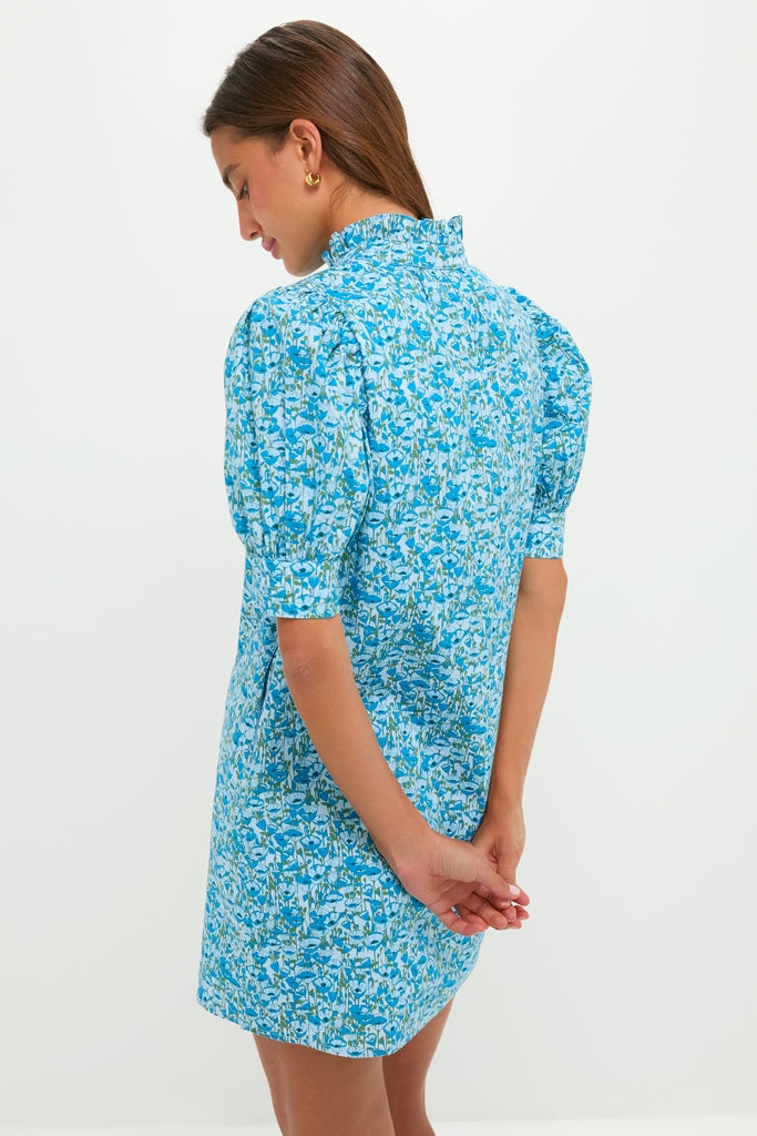 Blue Poppies Floral Ruffle Collar Louisa Mini Dress