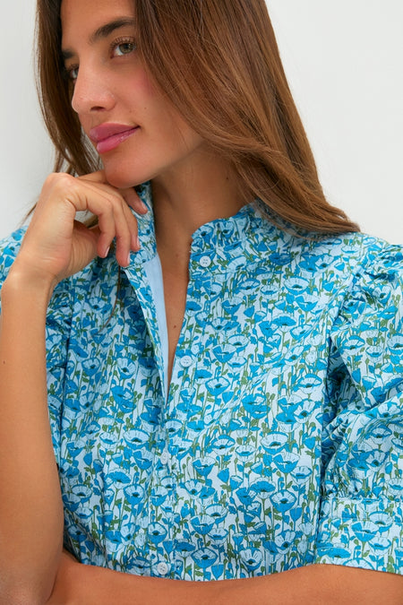 Blue Poppies Floral Ruffle Collar Louisa Mini Dress