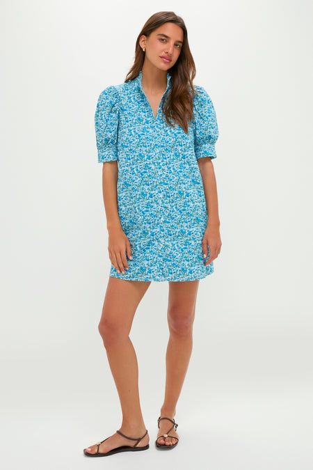 Blue Poppies Floral Ruffle Collar Louisa Mini Dress