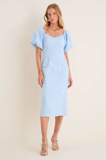 Pale Blue Embroidered Ginkgo Leaf Sallie Midi Dress