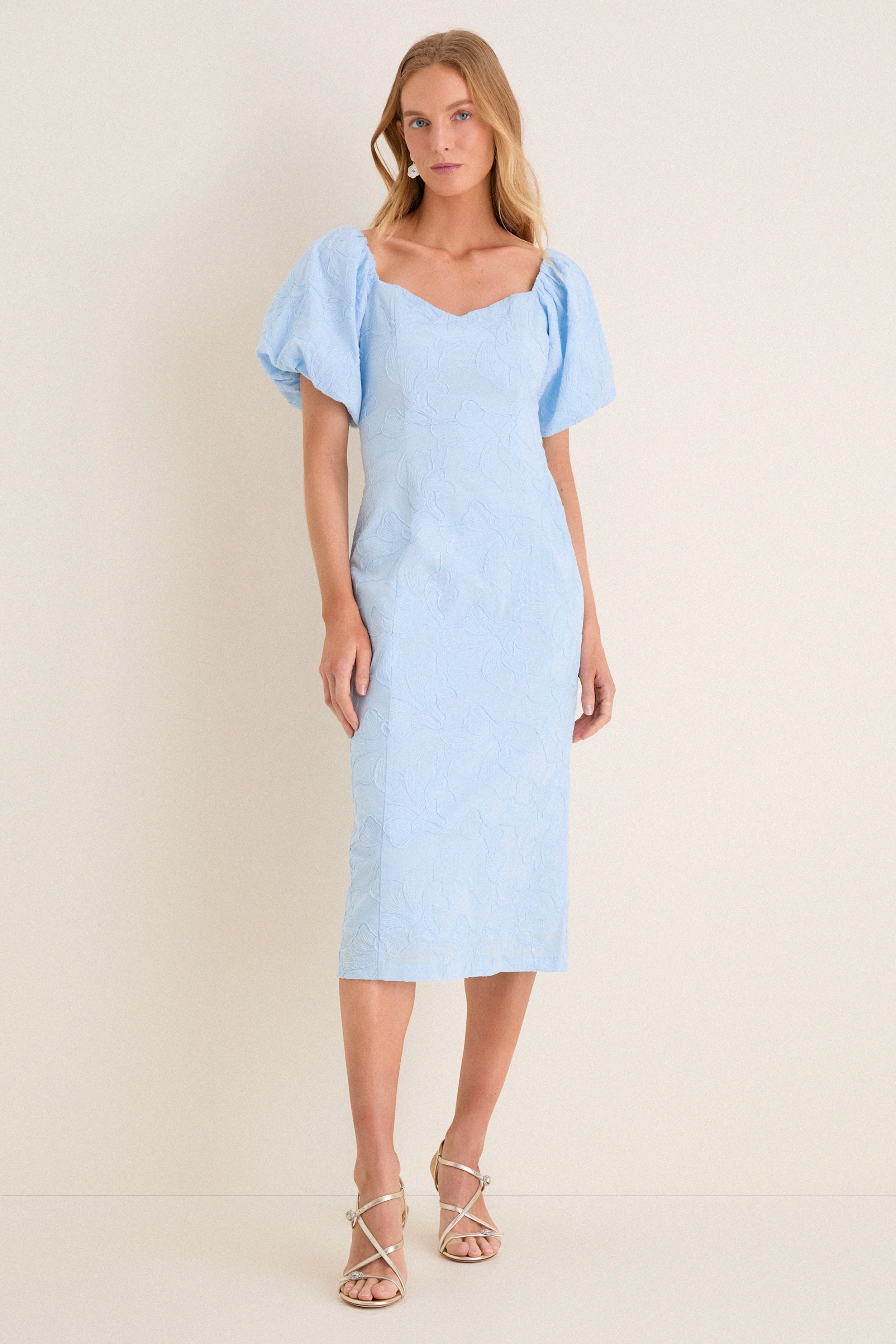 Pale Blue Embroidered Ginkgo Leaf Sallie Midi Dress | Hyacinth House Pale Blue Embroidered Ginkgo Leaf Sallie Midi Dress | Hyacinth House