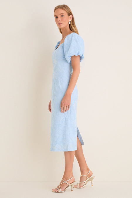 Pale Blue Embroidered Ginkgo Leaf Sallie Midi Dress