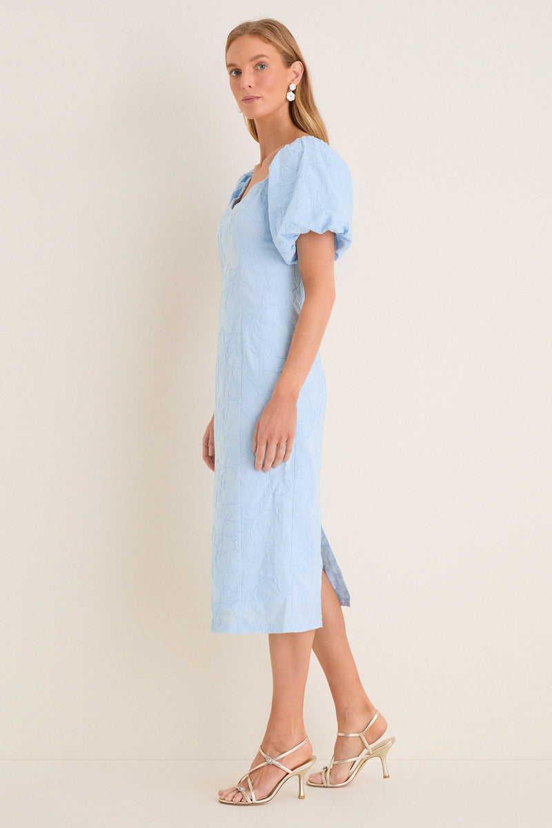 Pale Blue Embroidered Ginkgo Leaf Sallie Midi Dress