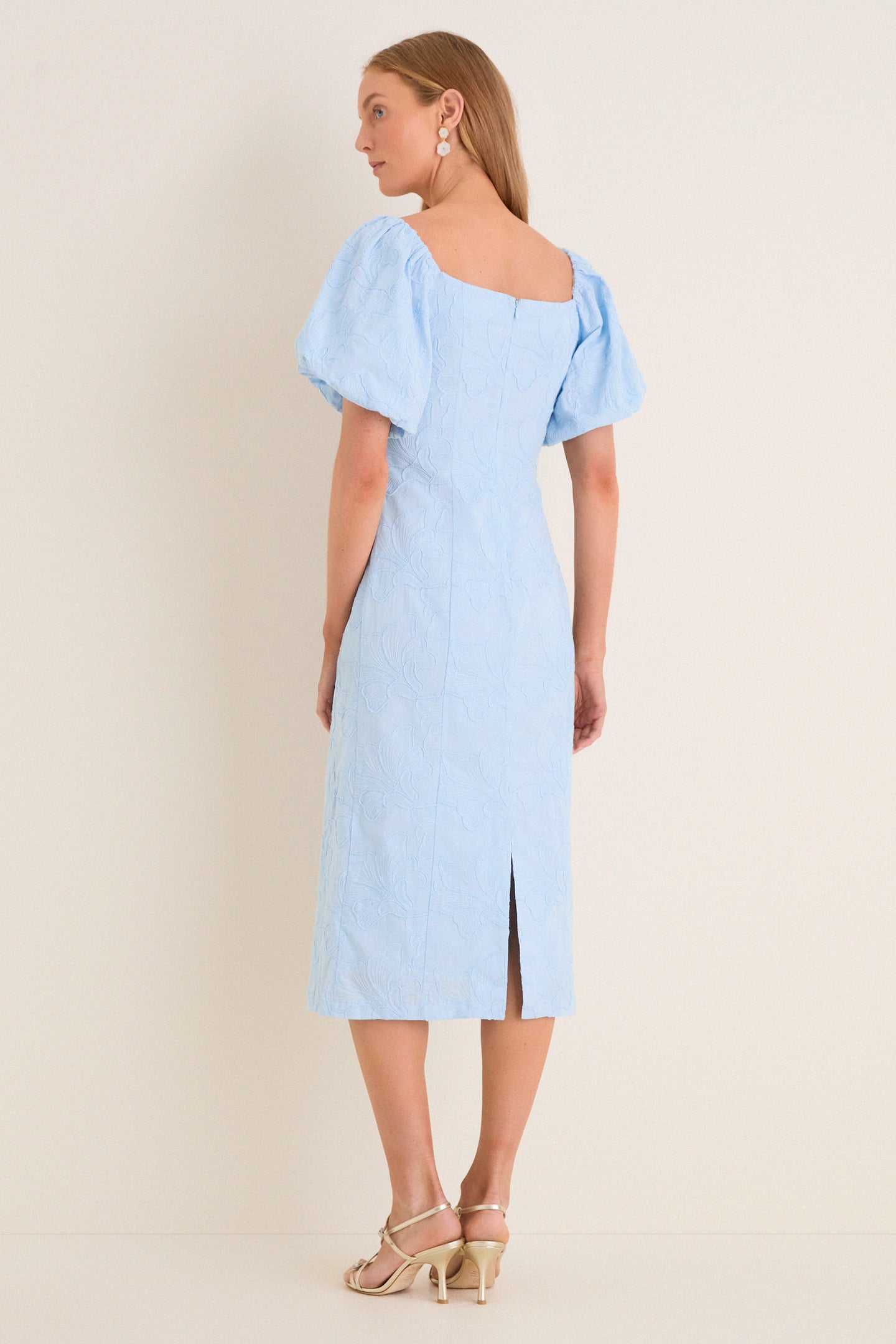 Pale Blue Embroidered Ginkgo Leaf Sallie Midi Dress