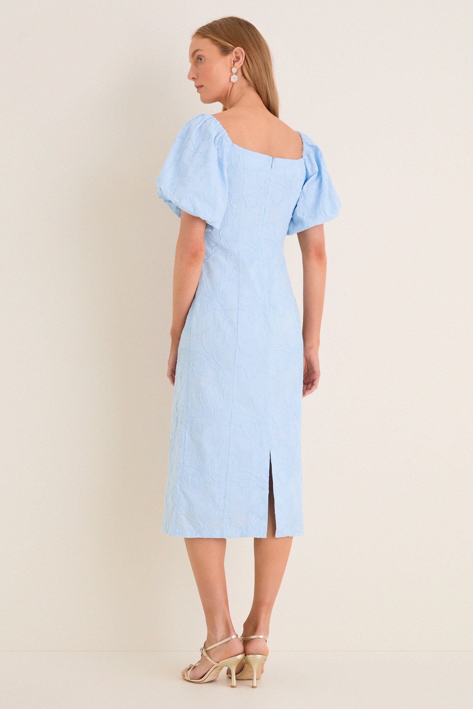 Pale Blue Embroidered Ginkgo Leaf Sallie Midi Dress