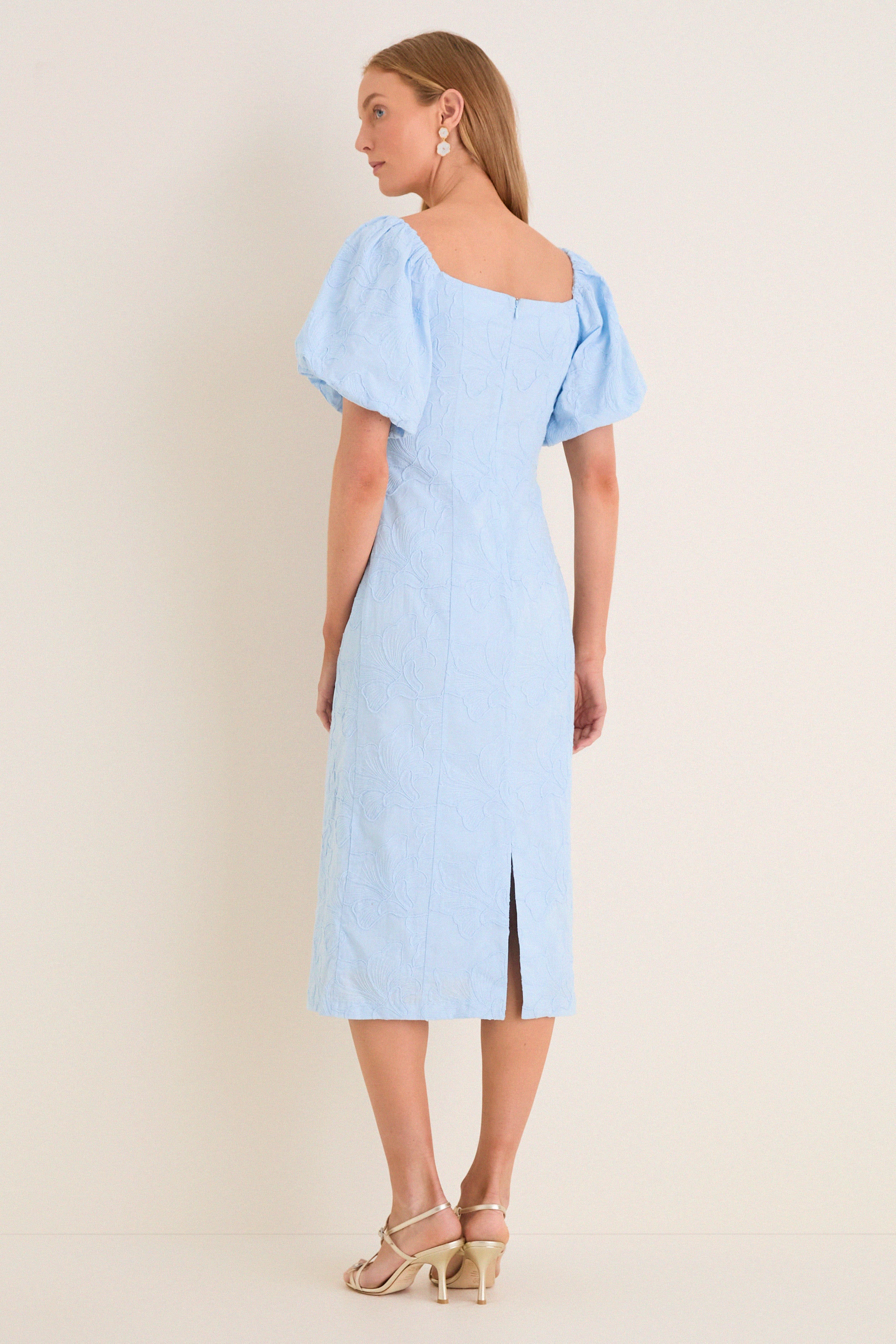 Pale Blue Embroidered Ginkgo Leaf Sallie Midi Dress