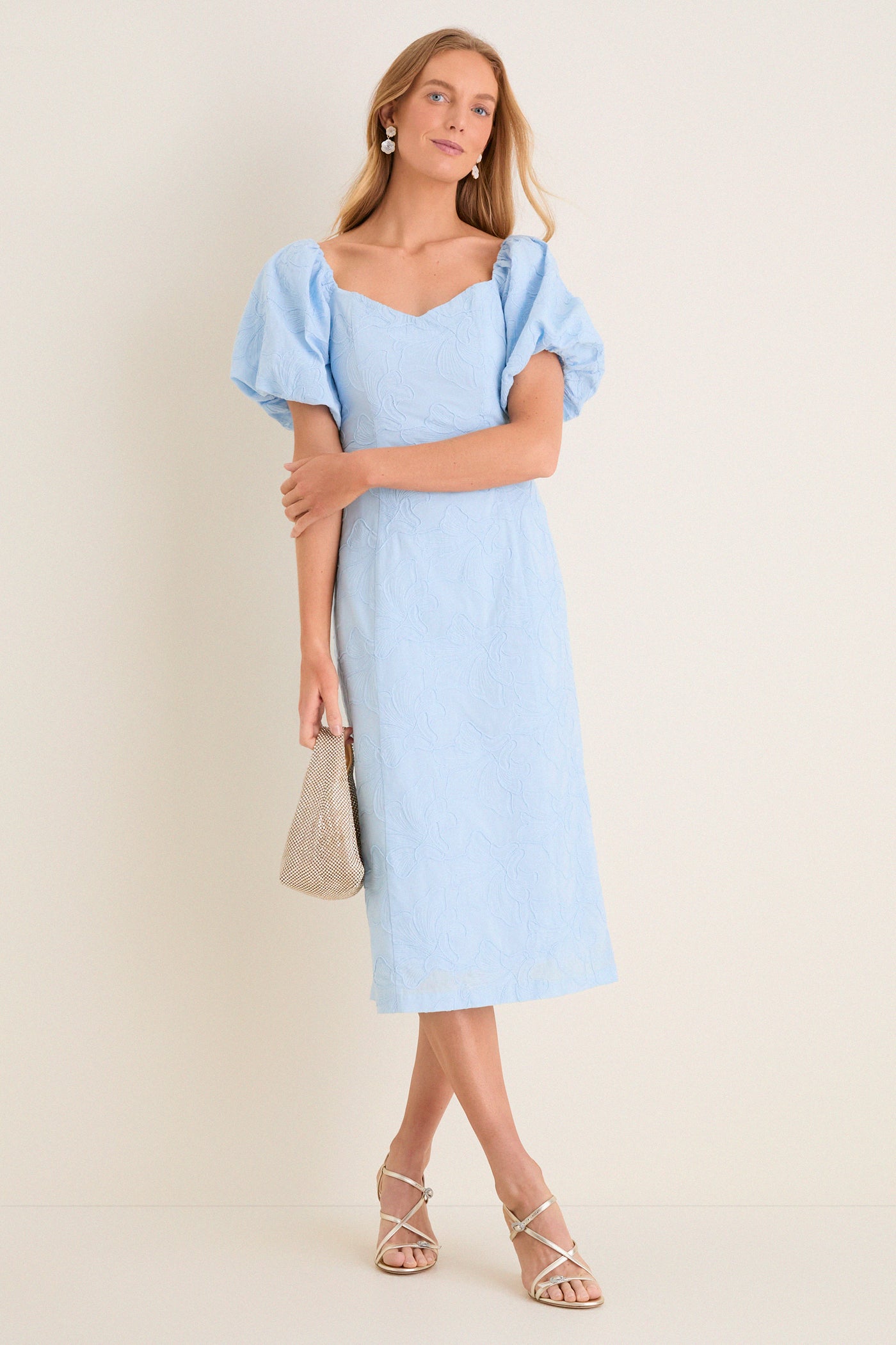 Pale Blue Embroidered Ginkgo Leaf Sallie Midi Dress