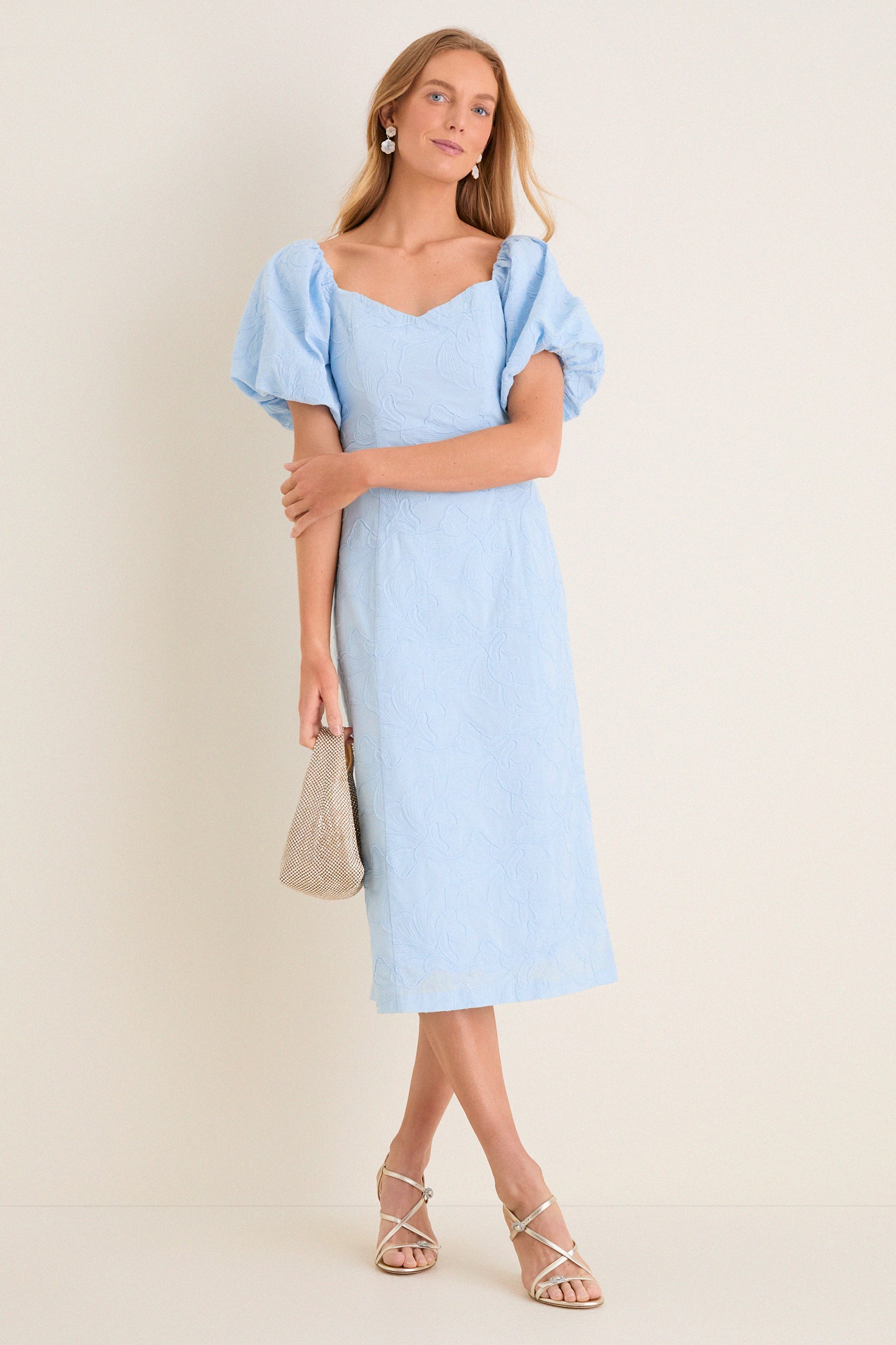 Pale Blue Embroidered Ginkgo Leaf Sallie Midi Dress