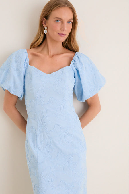 Pale Blue Embroidered Ginkgo Leaf Sallie Midi Dress