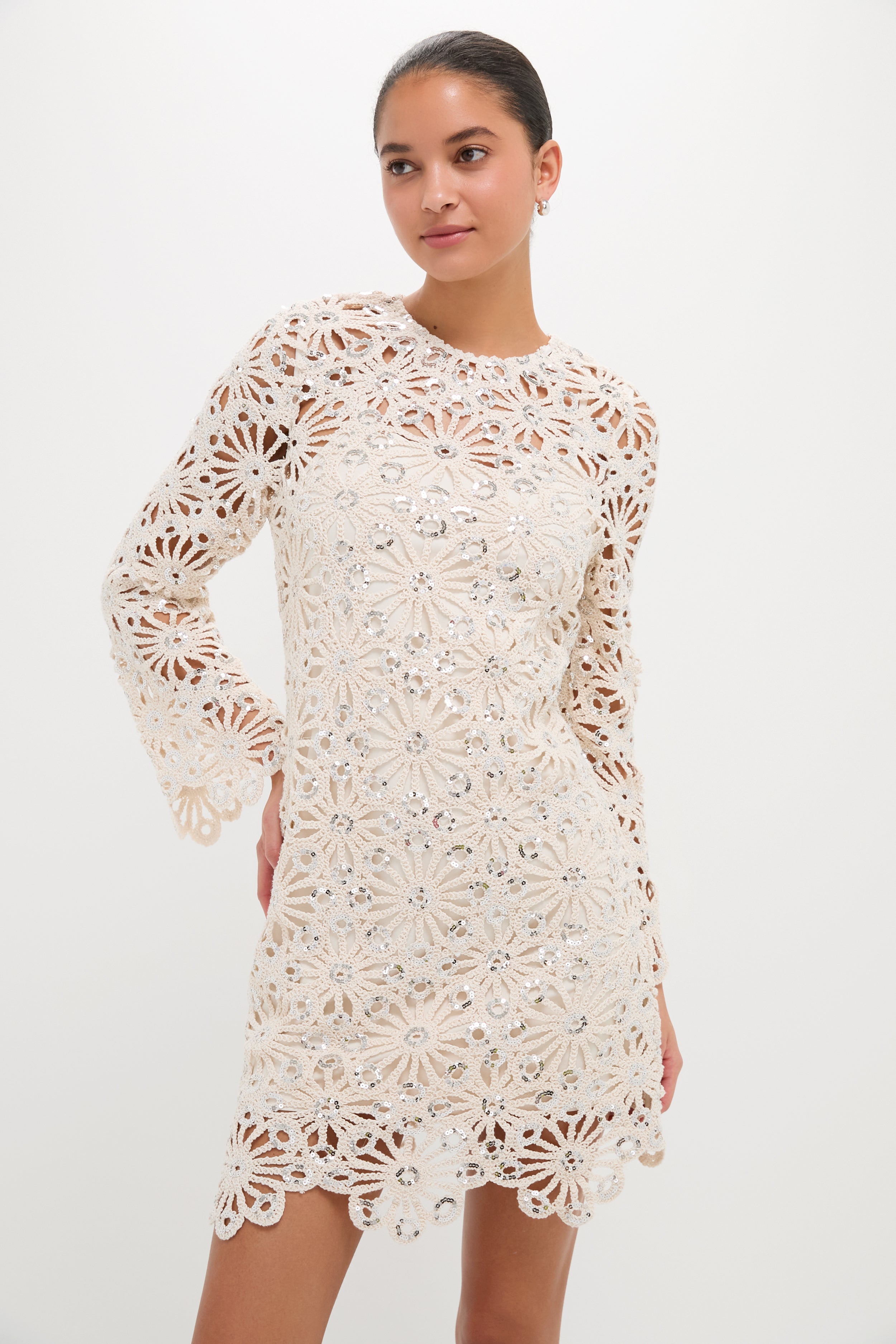 Hyacinth House Beige Sequined Crochet Carrie Mini Dress Beige Sequined Crochet / L