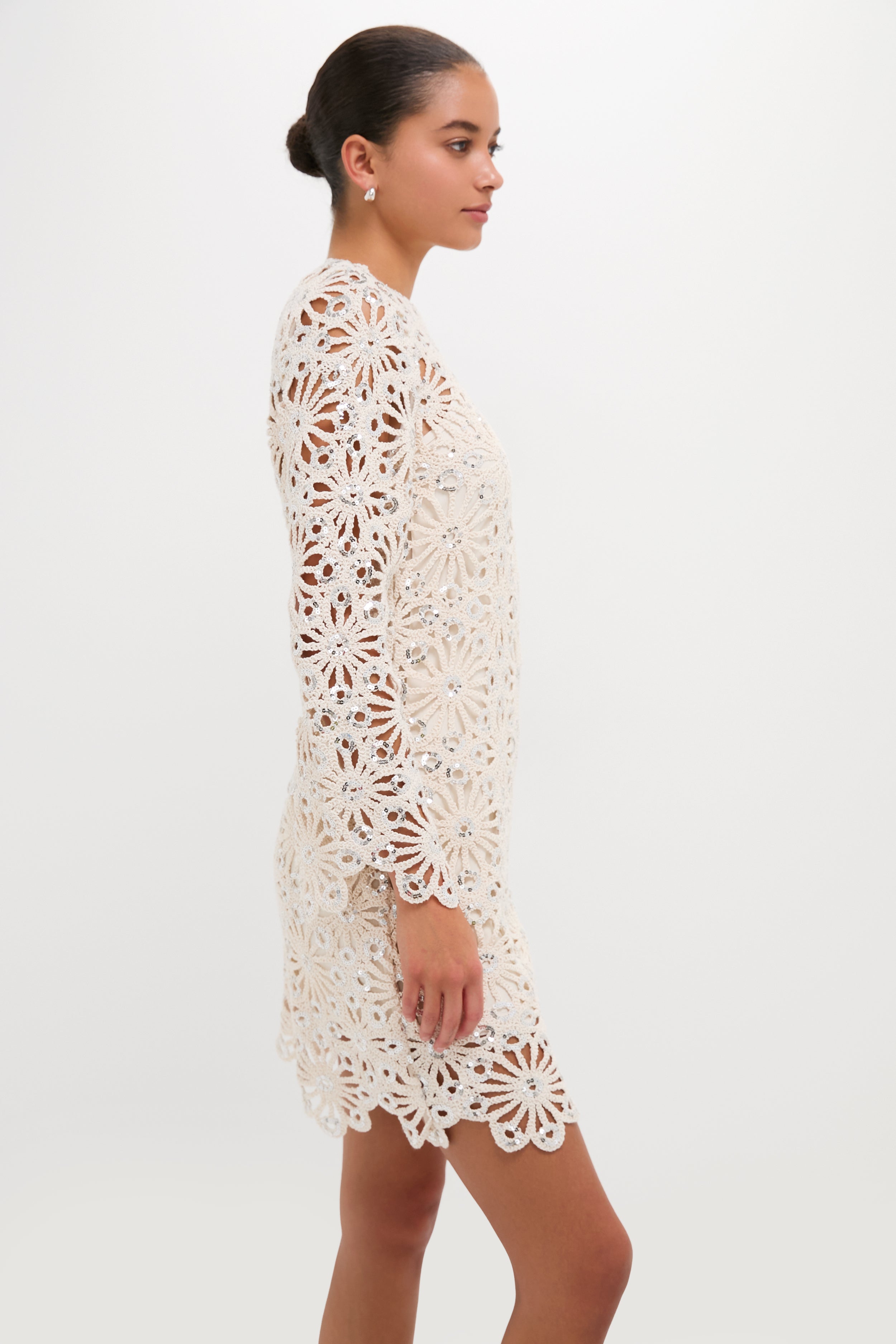 Hyacinth House Beige Sequined Crochet Carrie Mini Dress Beige Sequined Crochet / L