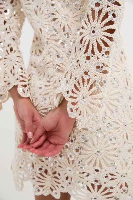 Beige Sequined Crochet Carrie Mini Dress