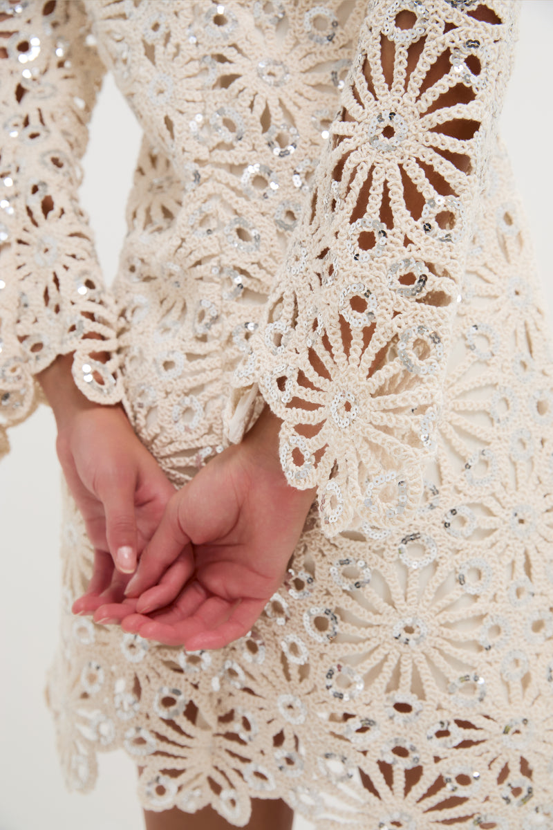 Beige Sequined Crochet Carrie Mini Dress