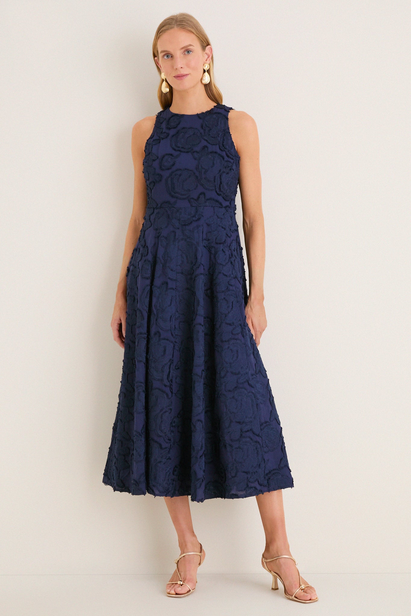 Navy Textured Rose Floral Melina Midi Dress