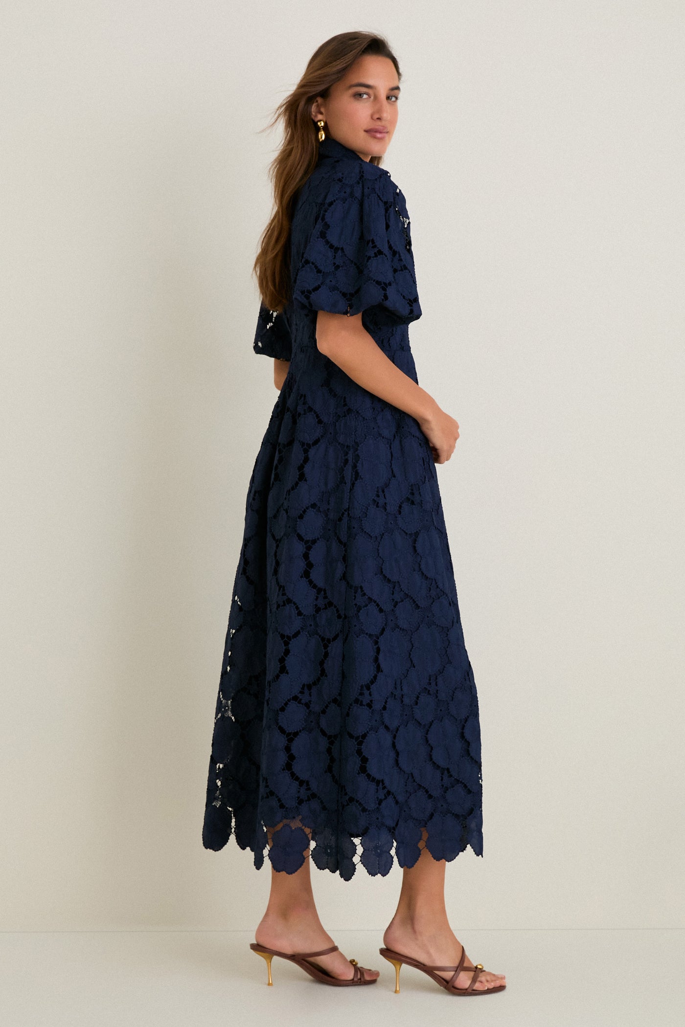 navy blue eyelet dress with white heels Navy Eyelet Delaney Dress