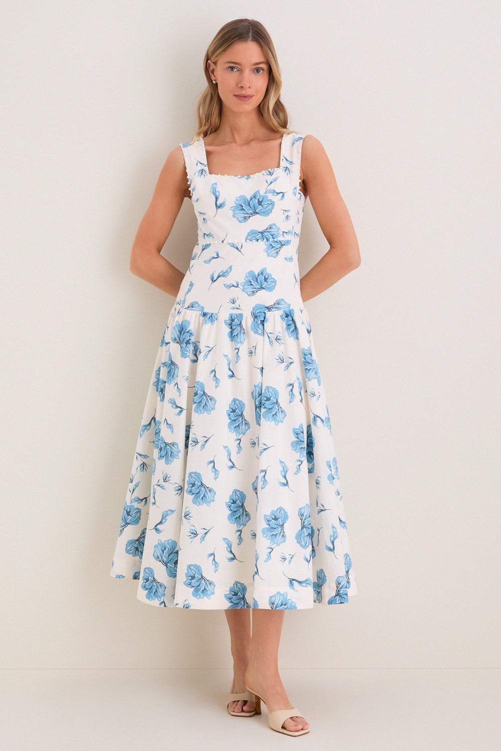 white christmas dresses Cream And Blue Floral Maxi Dress With Lace Back main image 0