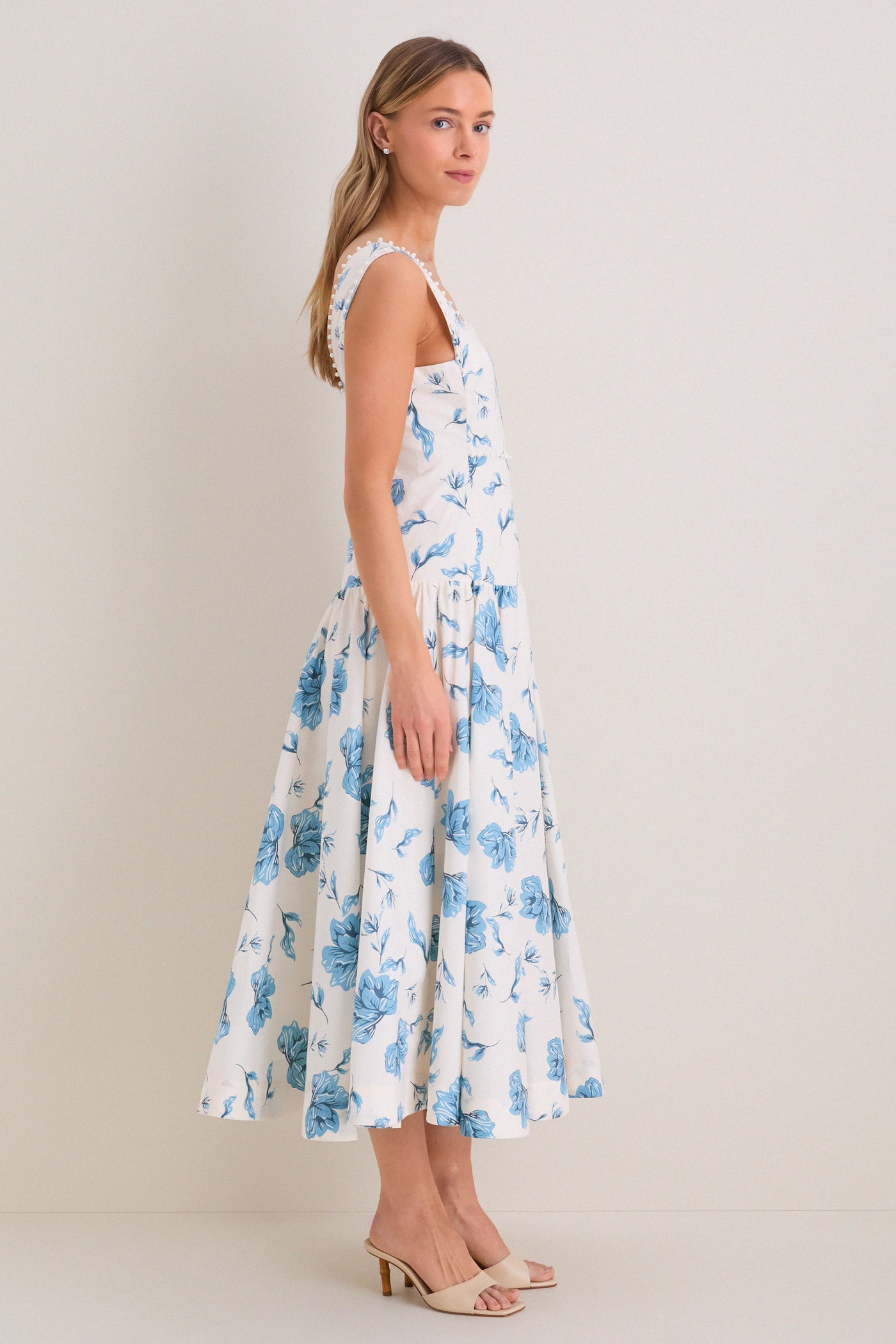 English Factory Cream & Blue Floral Pearl Trim Persephone Maxi Dress Cream & Blue Floral / S