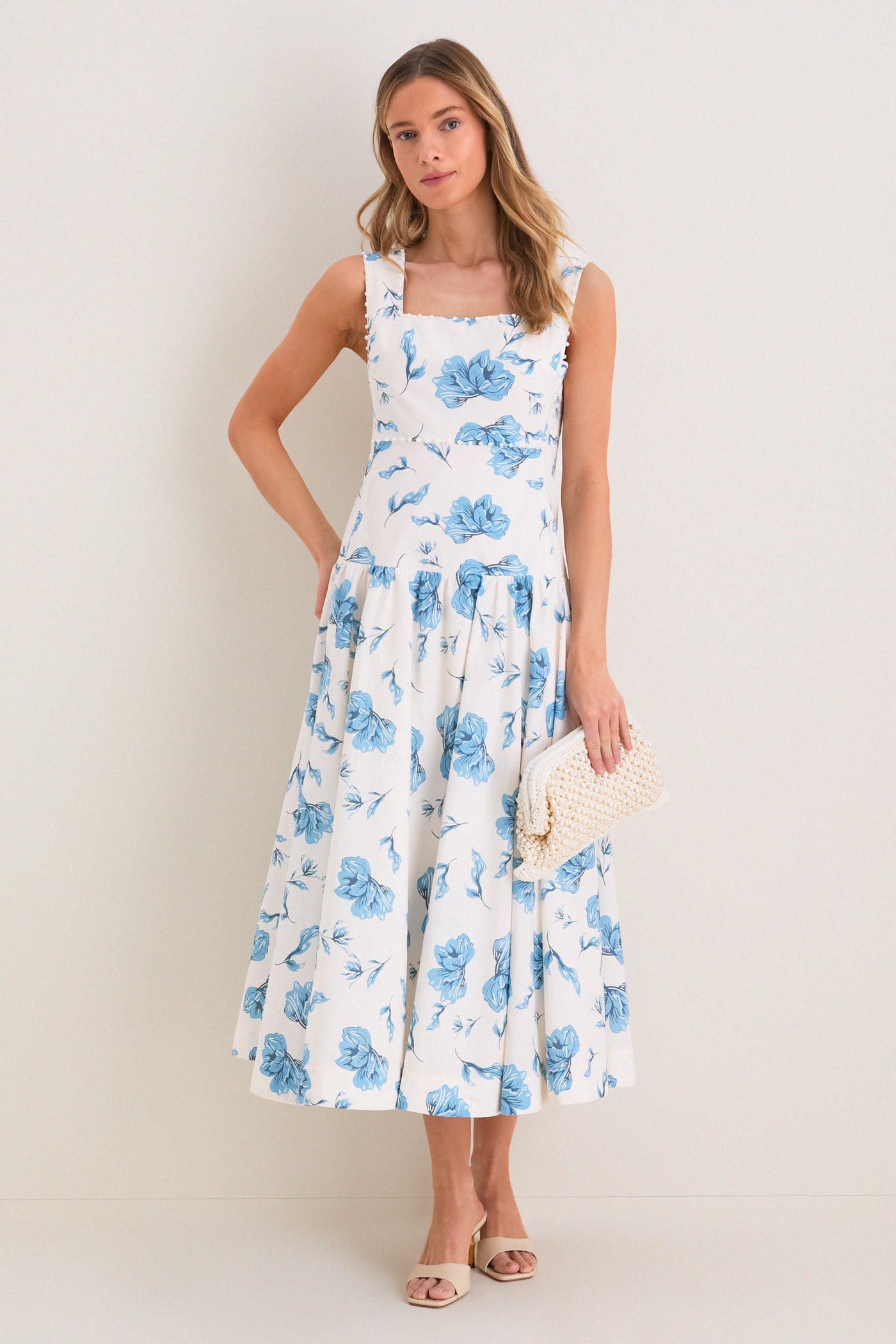 Cream & Blue Floral Pearl Trim Persephone Maxi Dress