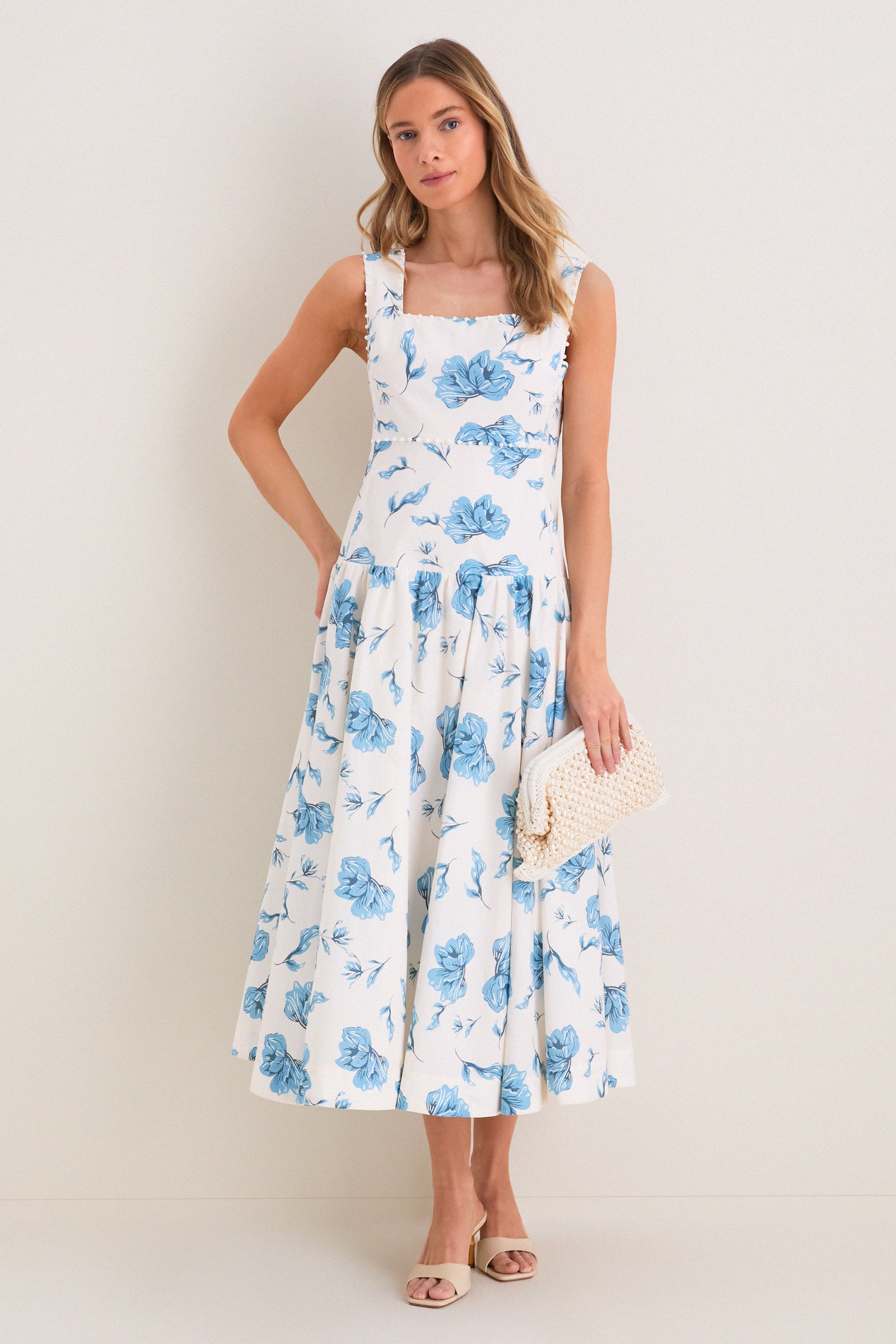 Cream & Blue Floral Pearl Trim Persephone Maxi Dress