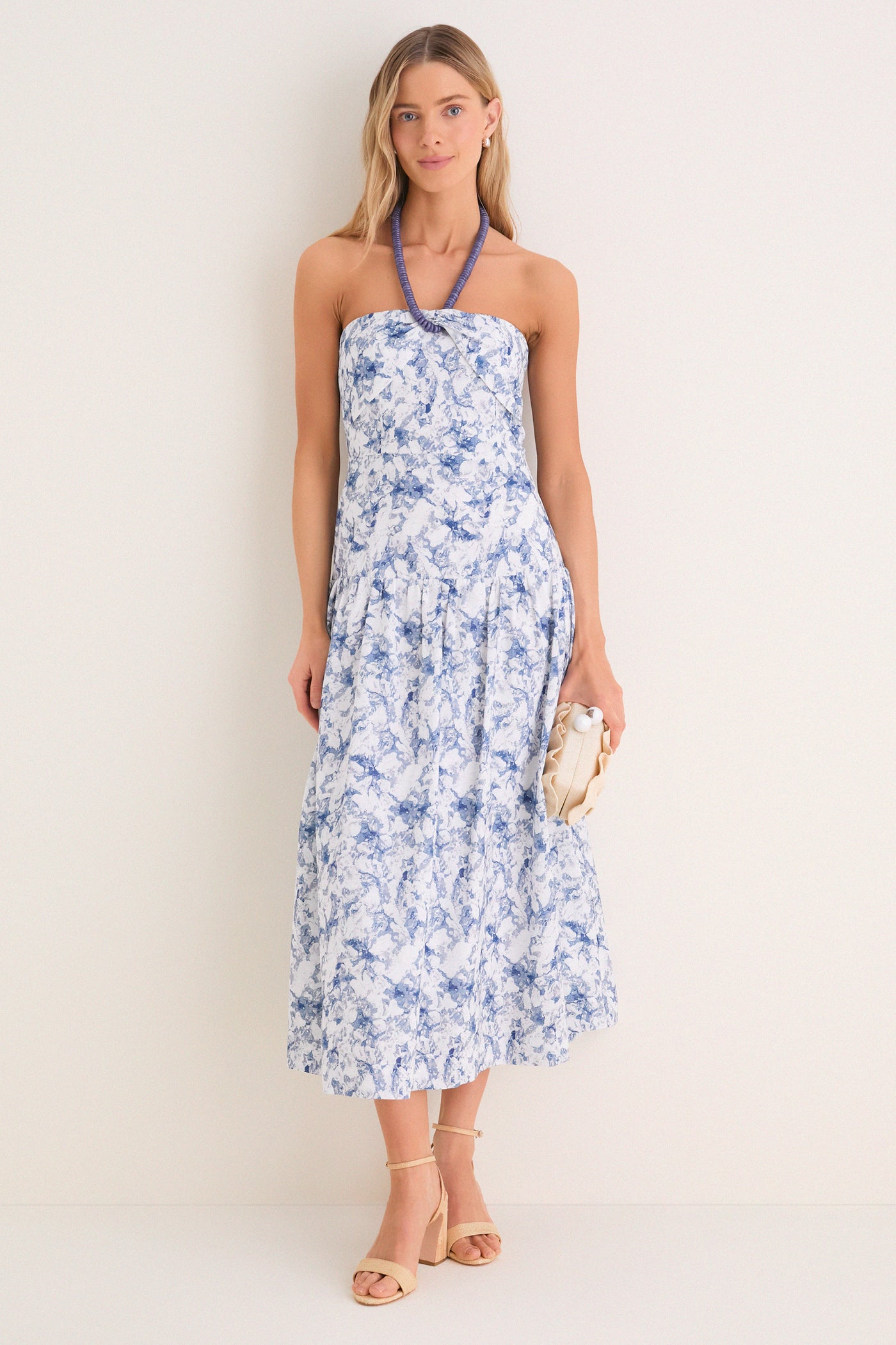 Navy Watercolor Beaded Halter Natalie Midi Dress | English Factory Navy Watercolor Beaded Halter Natalie Midi Dress | English Factory