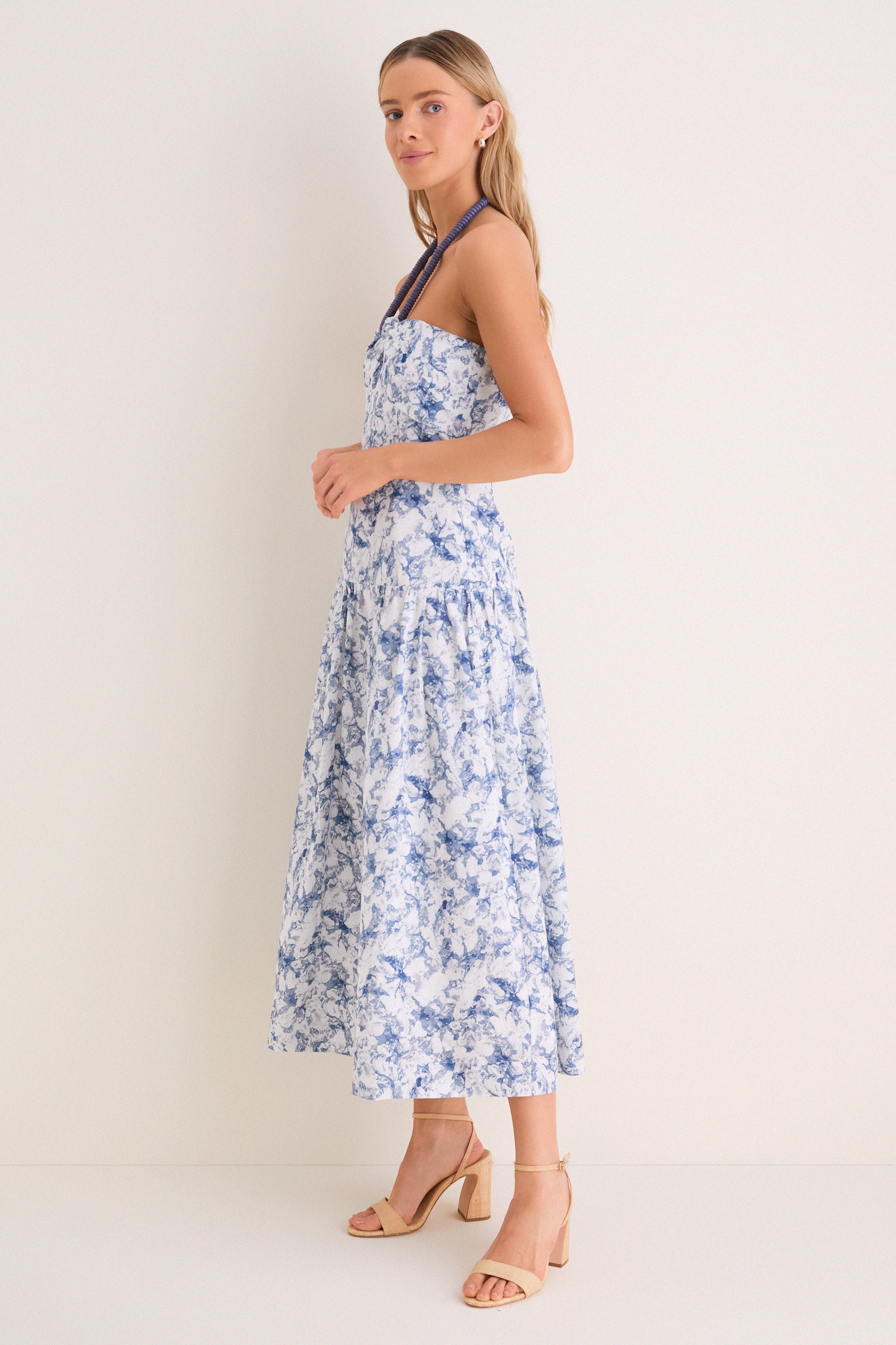 Navy Watercolor Beaded Halter Natalie Midi Dress