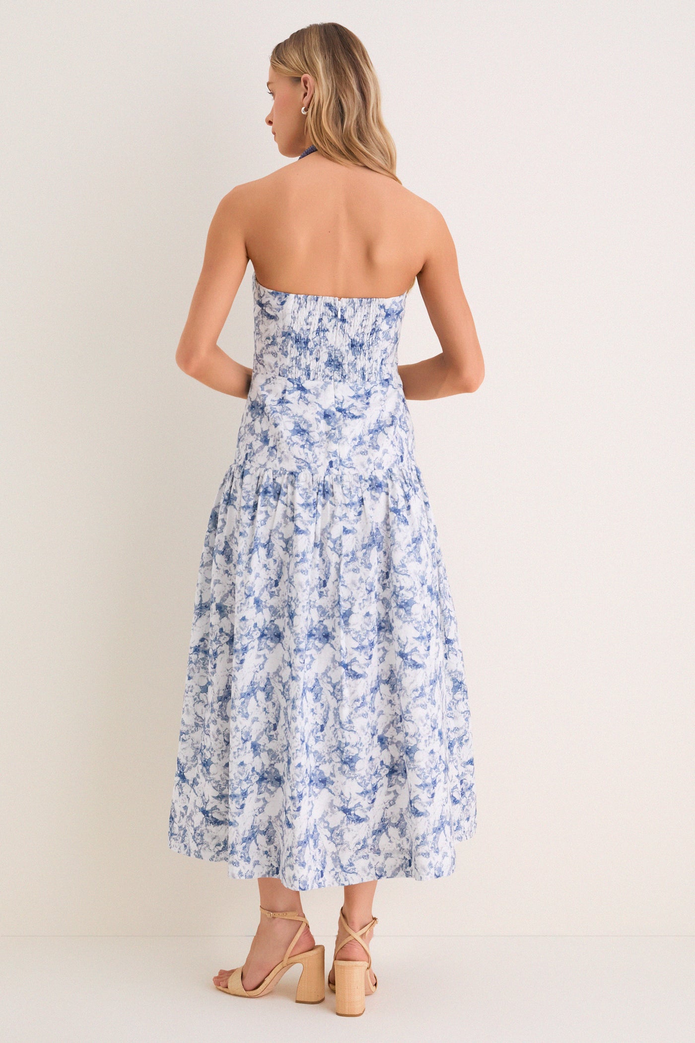 Navy Watercolor Beaded Halter Natalie Midi Dress | English Factory Navy Watercolor Beaded Halter Natalie Midi Dress | English Factory