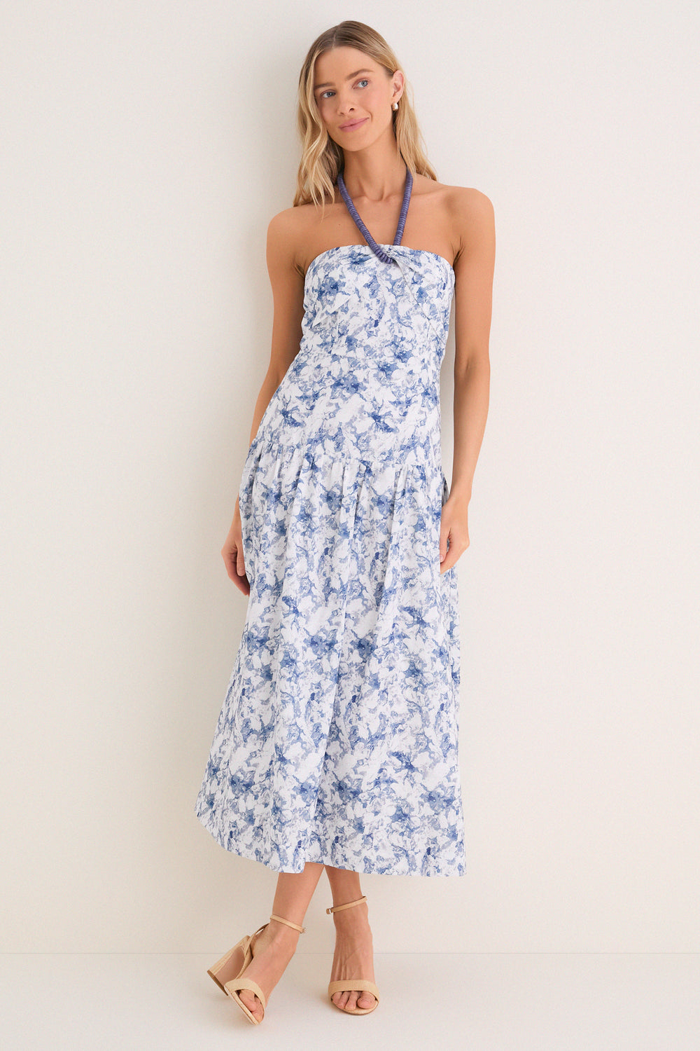 Navy Watercolor Beaded Halter Natalie Midi Dress